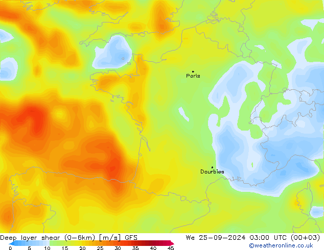 Deep layer shear (0-6km) GFS mié 25.09.2024 03 UTC