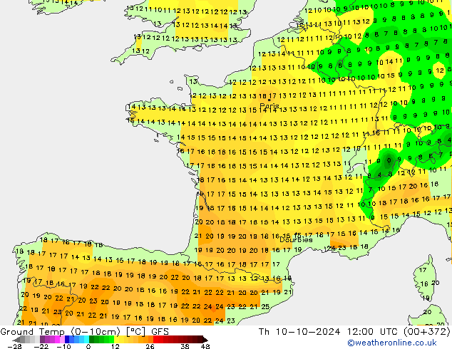 Ground Temp (0-10cm) GFS Th 10.10.2024 12 UTC