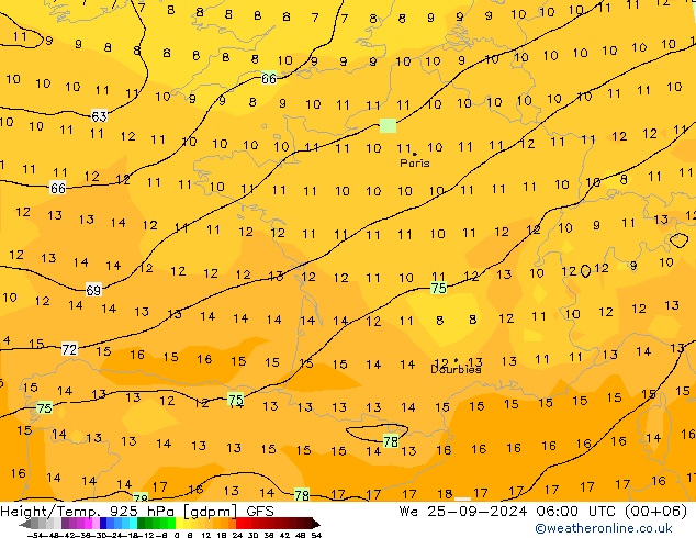 Hoogte/Temp. 925 hPa GFS wo 25.09.2024 06 UTC