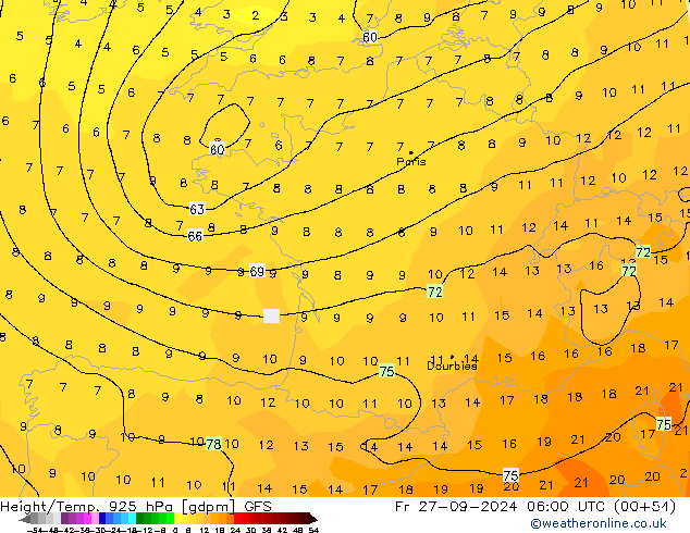 Height/Temp. 925 hPa GFS Sex 27.09.2024 06 UTC