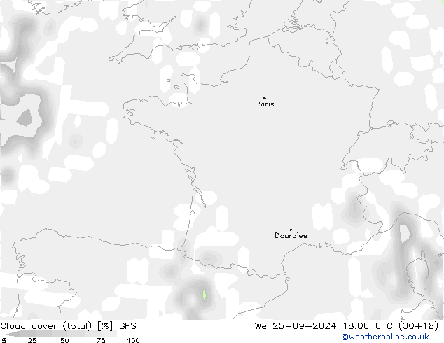 Cloud cover (total) GFS We 25.09.2024 18 UTC