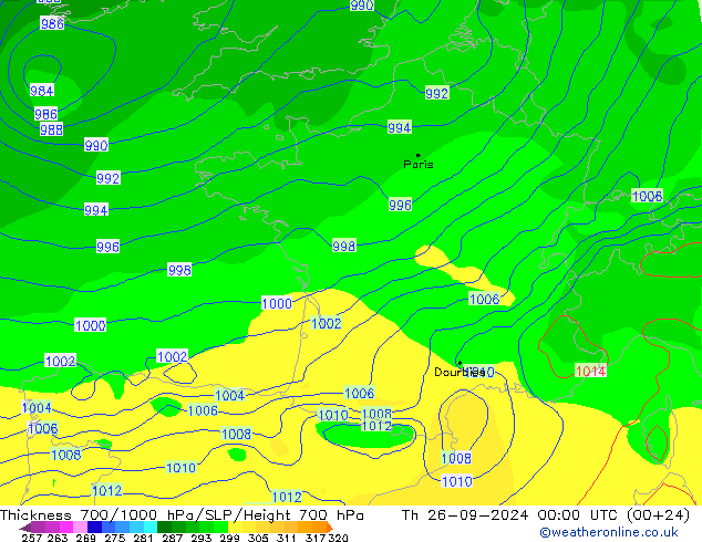 Thck 700-1000 hPa GFS gio 26.09.2024 00 UTC