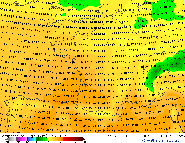 température 2m max GFS mer 02.10.2024 00 UTC