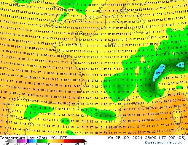 Tiefstwerte (2m) GFS Mi 25.09.2024 06 UTC