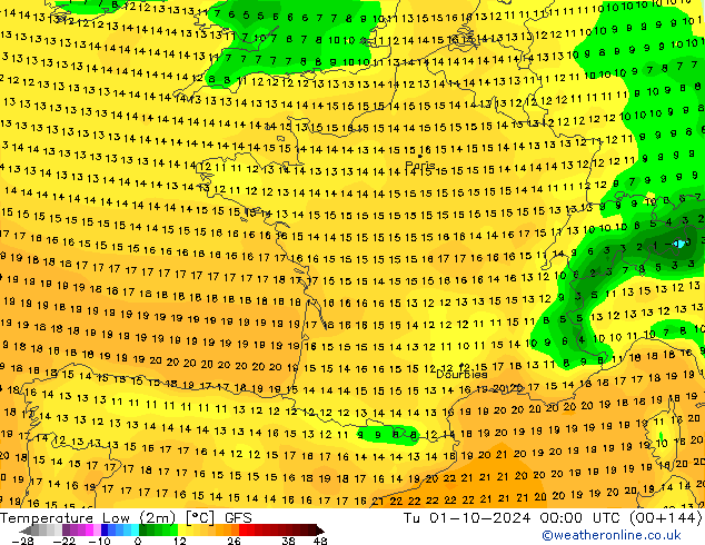 Tiefstwerte (2m) GFS Di 01.10.2024 00 UTC