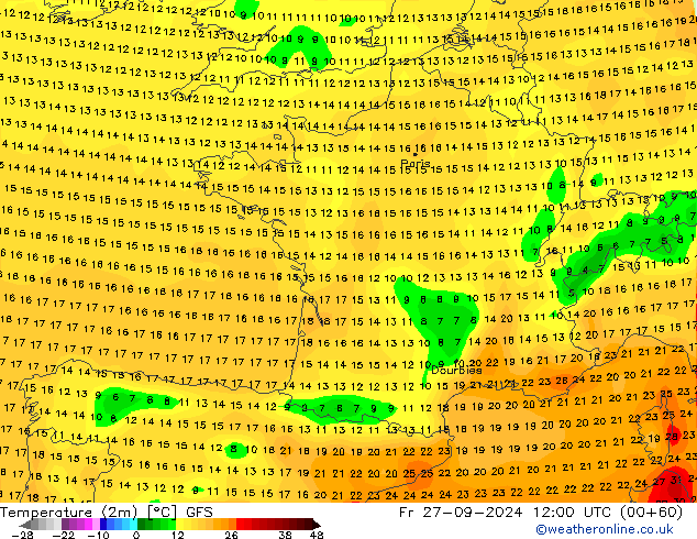 mapa temperatury (2m) GFS pt. 27.09.2024 12 UTC