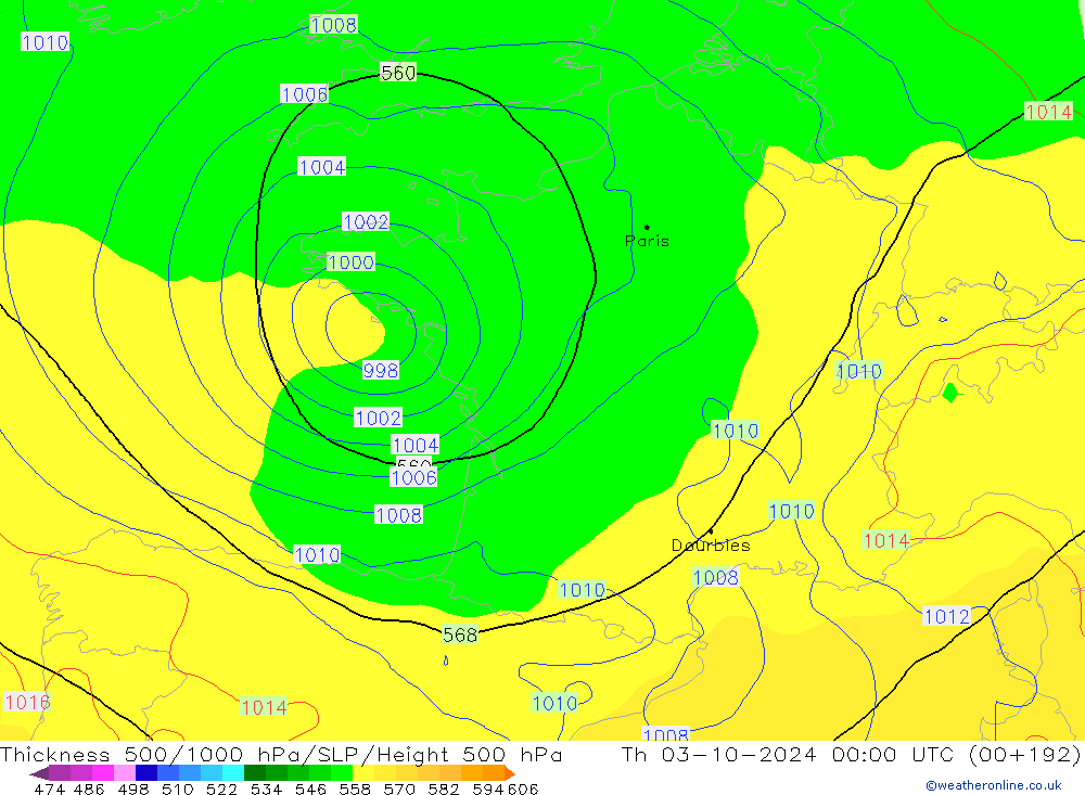 Thck 500-1000hPa GFS czw. 03.10.2024 00 UTC