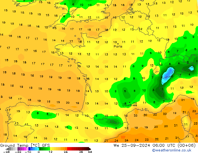 Temperatura del suelo GFS mié 25.09.2024 06 UTC