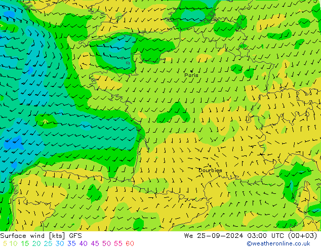 wiatr 10 m GFS śro. 25.09.2024 03 UTC