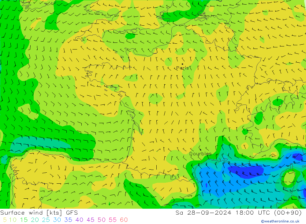 ветер 10 m GFS сб 28.09.2024 18 UTC