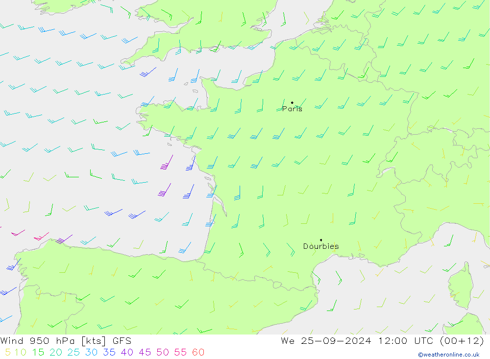 wiatr 950 hPa GFS śro. 25.09.2024 12 UTC