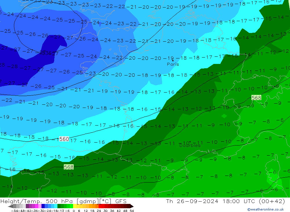 Z500/Rain (+SLP)/Z850 GFS czw. 26.09.2024 18 UTC