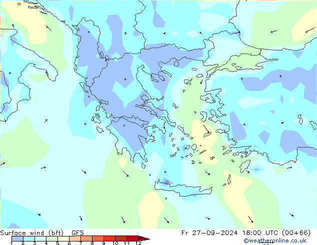 Surface wind (bft) GFS Fr 27.09.2024 18 UTC