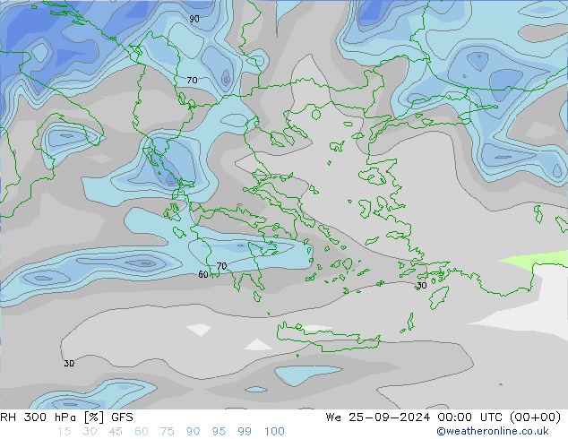 Humidité rel. 300 hPa GFS mer 25.09.2024 00 UTC