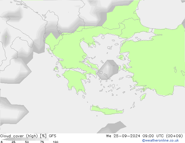 zachmurzenie (wysokie) GFS śro. 25.09.2024 09 UTC