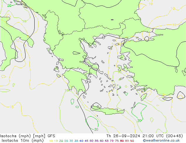 Isotachs (mph) GFS jeu 26.09.2024 21 UTC