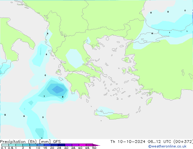 Precipitation (6h) GFS Th 10.10.2024 12 UTC