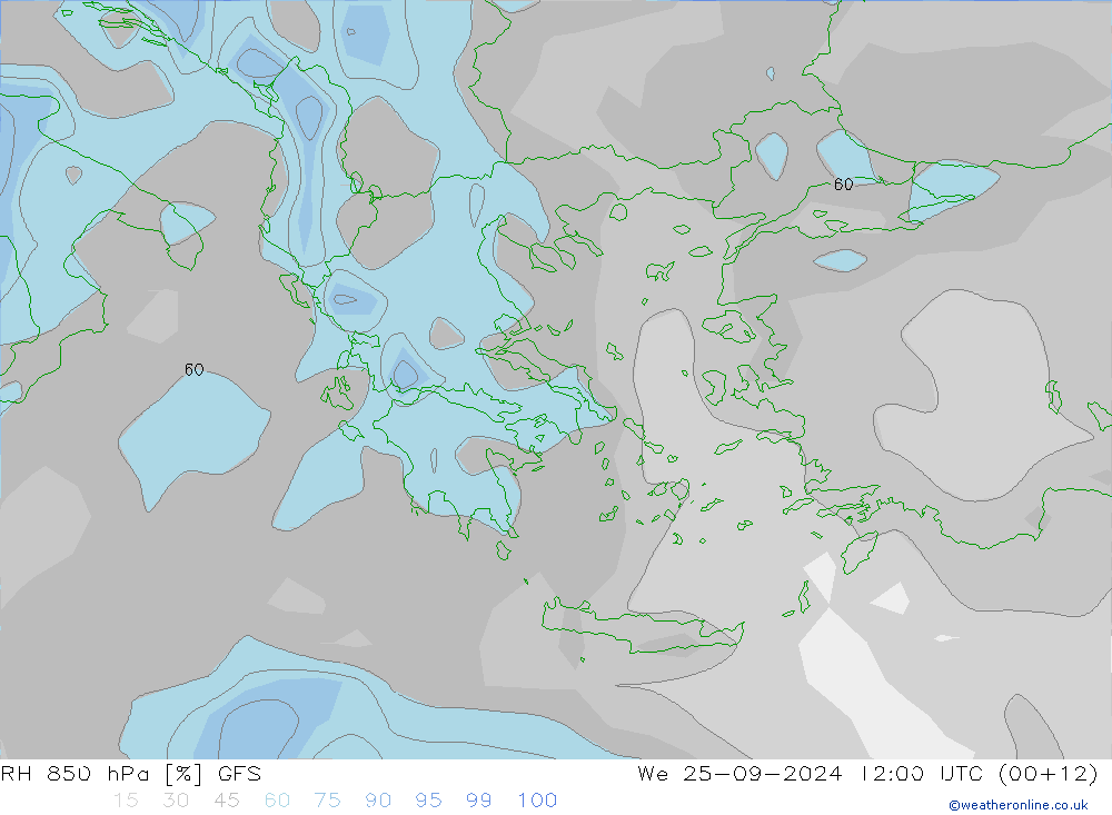 RH 850 гПа GFS ср 25.09.2024 12 UTC