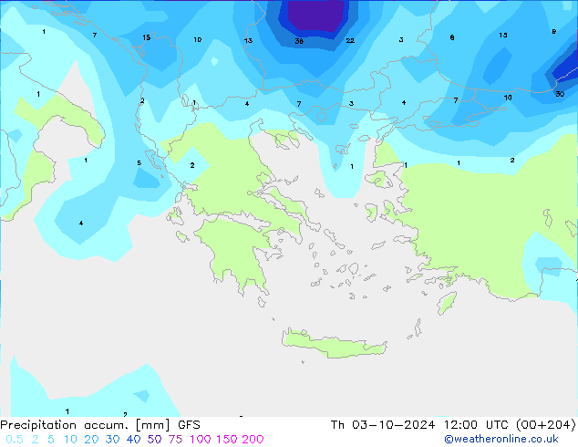 Totale neerslag GFS do 03.10.2024 12 UTC