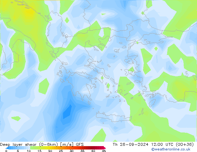 Deep layer shear (0-6km) GFS чт 26.09.2024 12 UTC