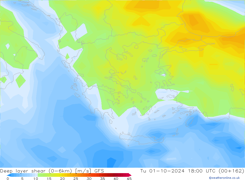 Deep layer shear (0-6km) GFS Tu 01.10.2024 18 UTC