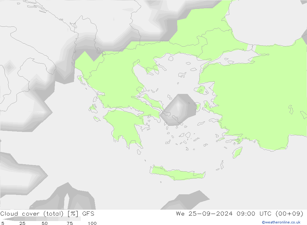 Nuages (total) GFS mer 25.09.2024 09 UTC