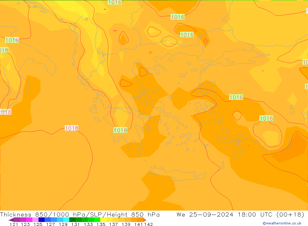 Thck 850-1000 hPa GFS mer 25.09.2024 18 UTC