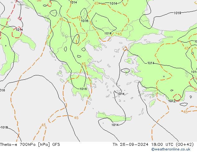 Theta-e 700hPa GFS Čt 26.09.2024 18 UTC