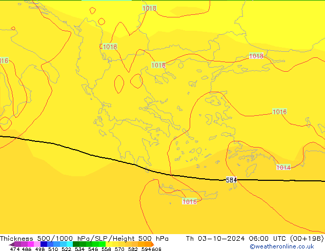 Espesor 500-1000 hPa GFS jue 03.10.2024 06 UTC