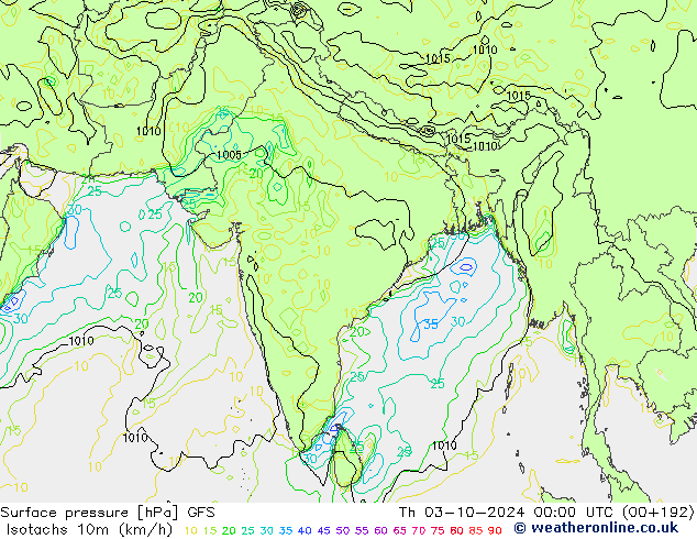 Isotachs (kph) GFS Th 03.10.2024 00 UTC