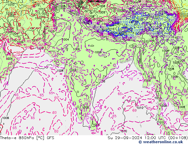 Theta-e 850hPa GFS Dom 29.09.2024 12 UTC