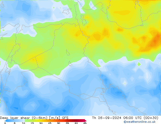 Deep layer shear (0-6km) GFS gio 26.09.2024 06 UTC