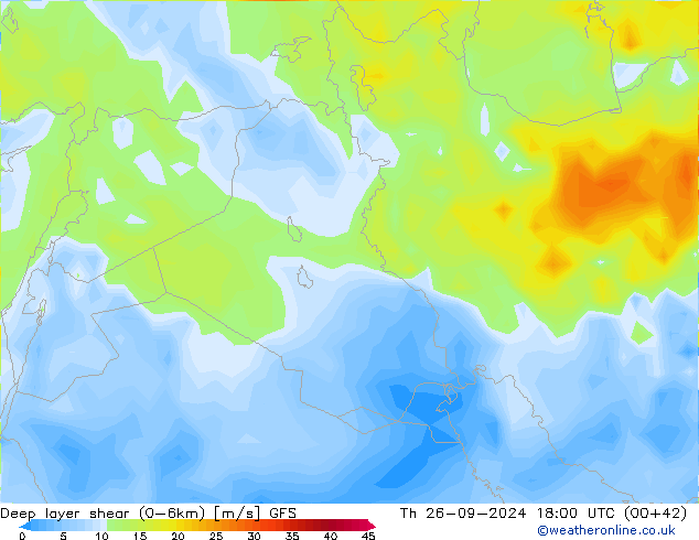 Deep layer shear (0-6km) GFS Qui 26.09.2024 18 UTC