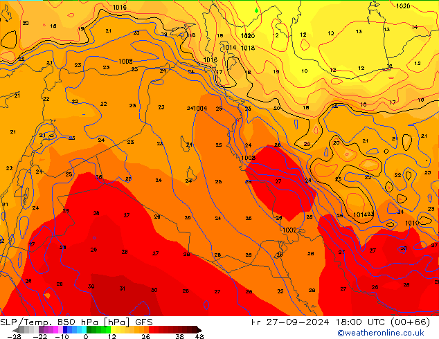 SLP/Temp. 850 hPa GFS  27.09.2024 18 UTC