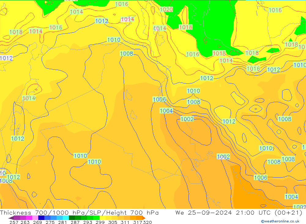 Thck 700-1000 hPa GFS We 25.09.2024 21 UTC