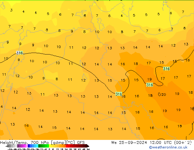 Height/Temp. 700 hPa GFS We 25.09.2024 12 UTC