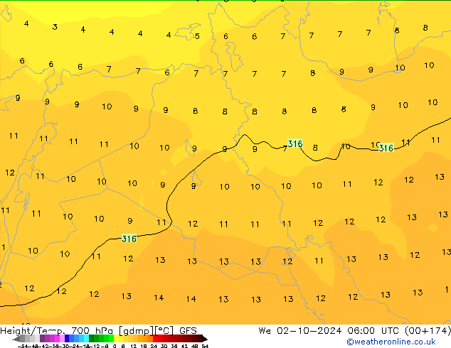 Height/Temp. 700 hPa GFS mer 02.10.2024 06 UTC