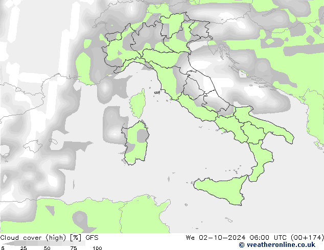 Cloud cover (high) GFS We 02.10.2024 06 UTC