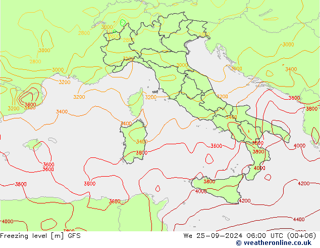 Freezing level GFS śro. 25.09.2024 06 UTC