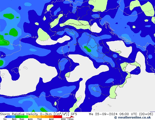 Storm Relative Helicity GFS mer 25.09.2024 06 UTC