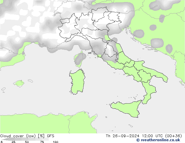 Cloud cover (low) GFS Th 26.09.2024 12 UTC