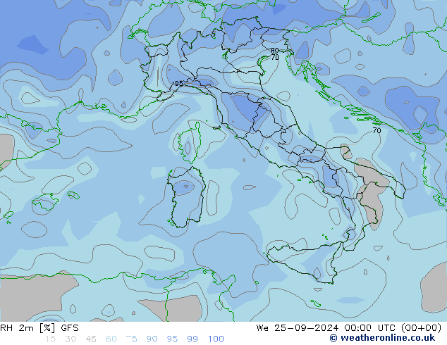 Humedad rel. 2m GFS mié 25.09.2024 00 UTC