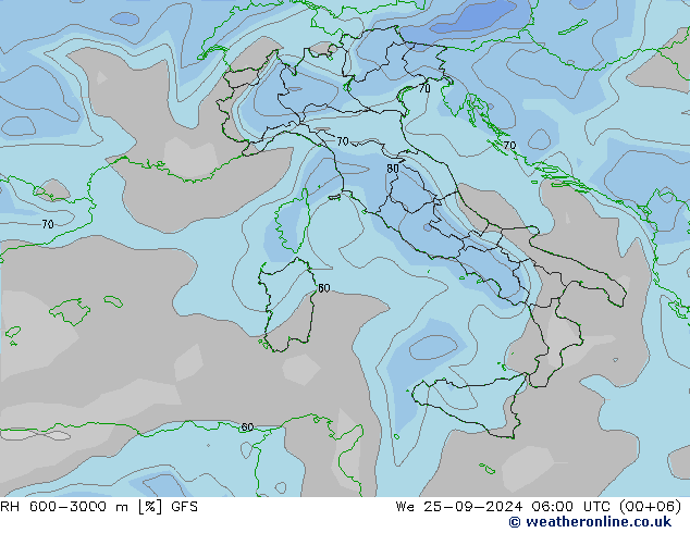 Humedad rel. 600-3000m GFS mié 25.09.2024 06 UTC