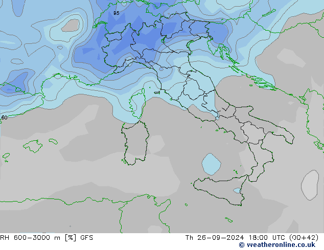 RH 600-3000 m GFS czw. 26.09.2024 18 UTC