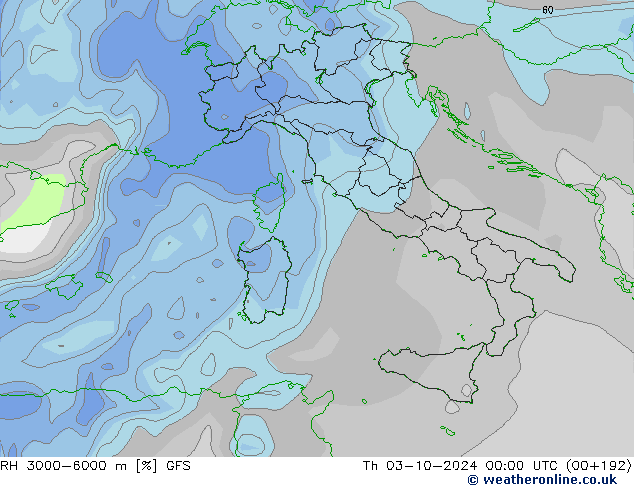 RH 3000-6000 m GFS Th 03.10.2024 00 UTC