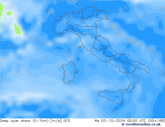 Deep layer shear (0-1km) GFS śro. 02.10.2024 00 UTC