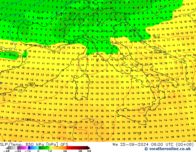 SLP/Temp. 850 hPa GFS  25.09.2024 06 UTC