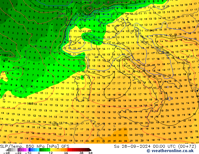 SLP/Temp. 850 hPa GFS Sáb 28.09.2024 00 UTC