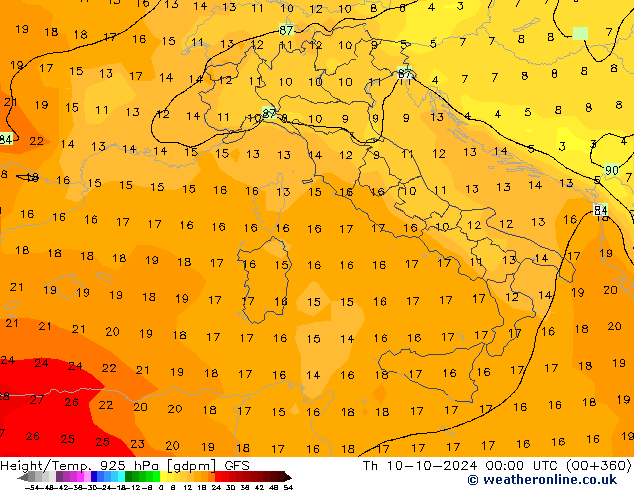 Geop./Temp. 925 hPa GFS jue 10.10.2024 00 UTC