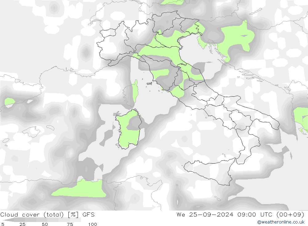 zachmurzenie (suma) GFS śro. 25.09.2024 09 UTC